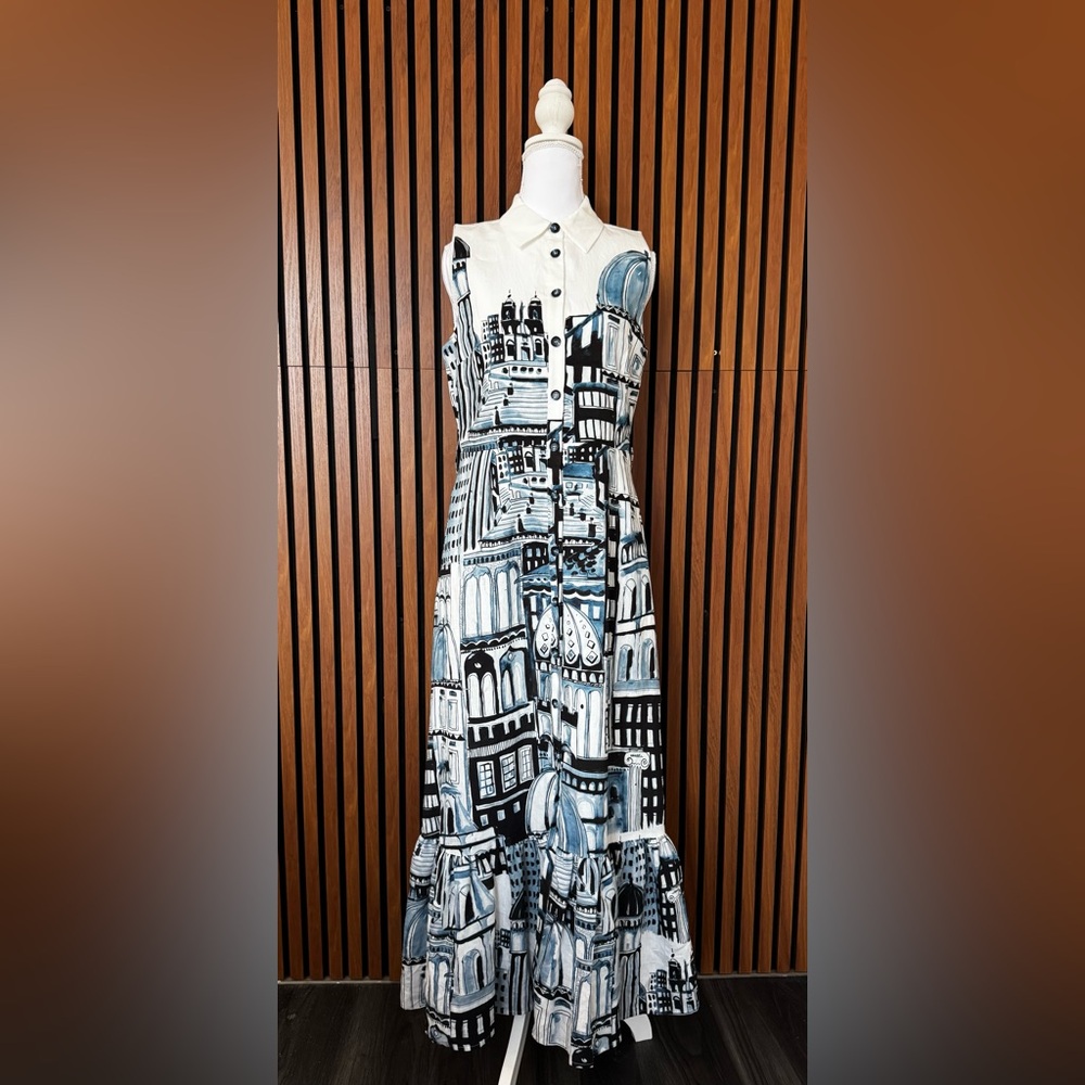 Elie Tahari Blue and White Sleeveless Dress - Picture 6 of 10